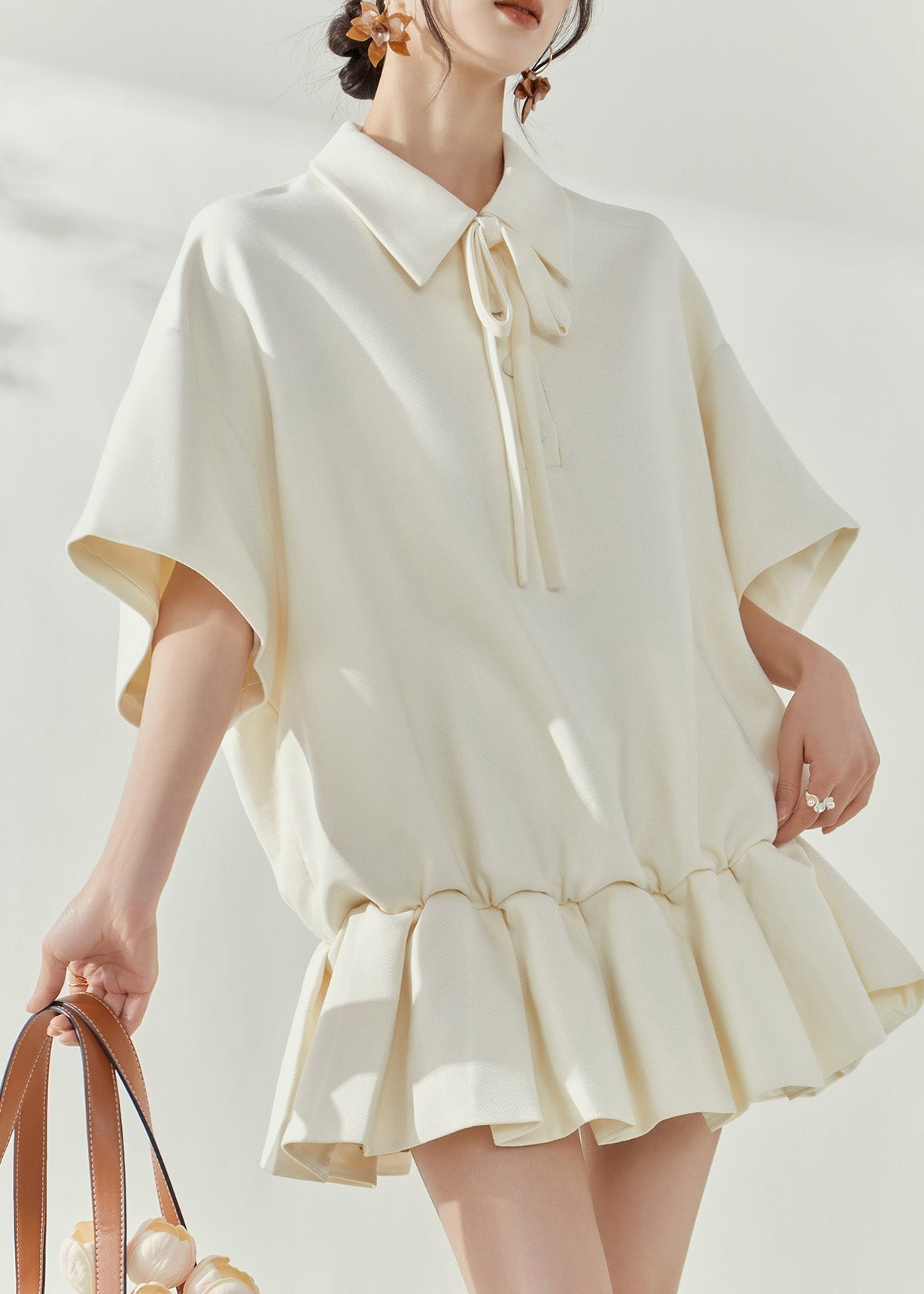 Peter Pan Collar Tie Neck Short Sleeve Ruffle Peplum Mini Dress
