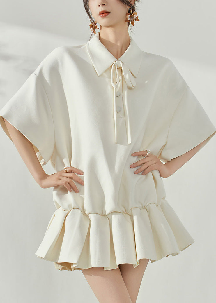 Peter Pan Collar Tie Neck Short Sleeve Ruffle Peplum Mini Dress