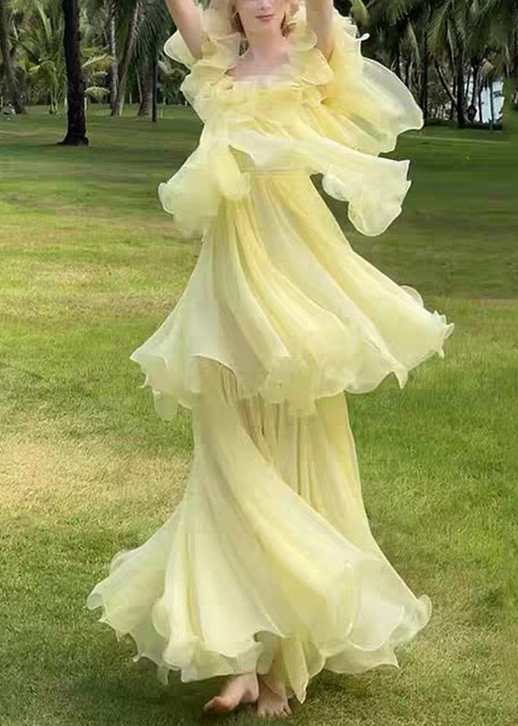 Off Shoulder Ruffle Tiered Flowy Organza Maxi Dress