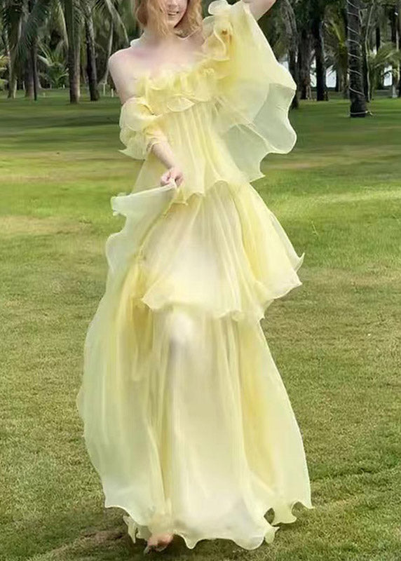 Cute Yellow Slash Neck Ruffled Patchwork Tulle Maxi Dress Sleeveless - View 2
