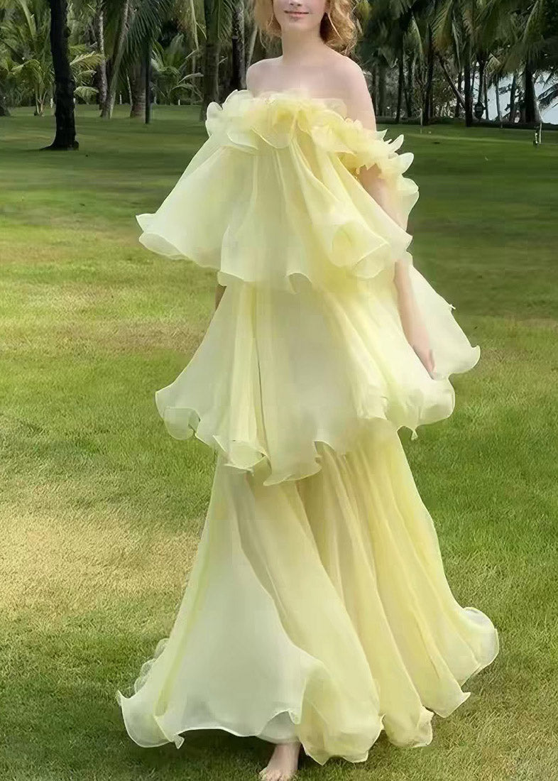 Cute Yellow Slash Neck Ruffled Patchwork Tulle Maxi Dress Sleeveless - View 3
