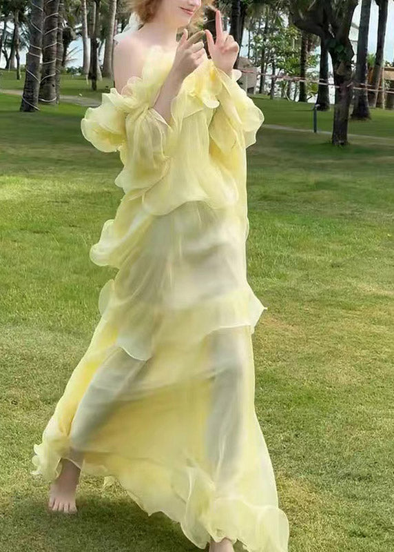 Cute Yellow Slash Neck Ruffled Patchwork Tulle Maxi Dress Sleeveless - View 5