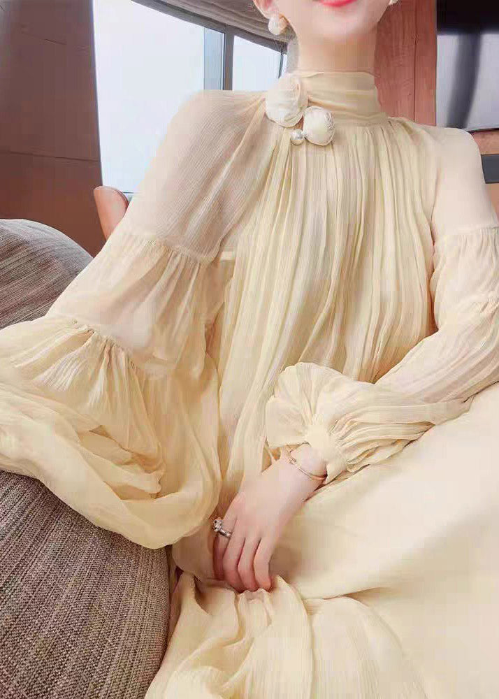 Chiffon Crinkled Mock Neck Lantern Sleeve Pearl Rosette Oversized Maxi Gown