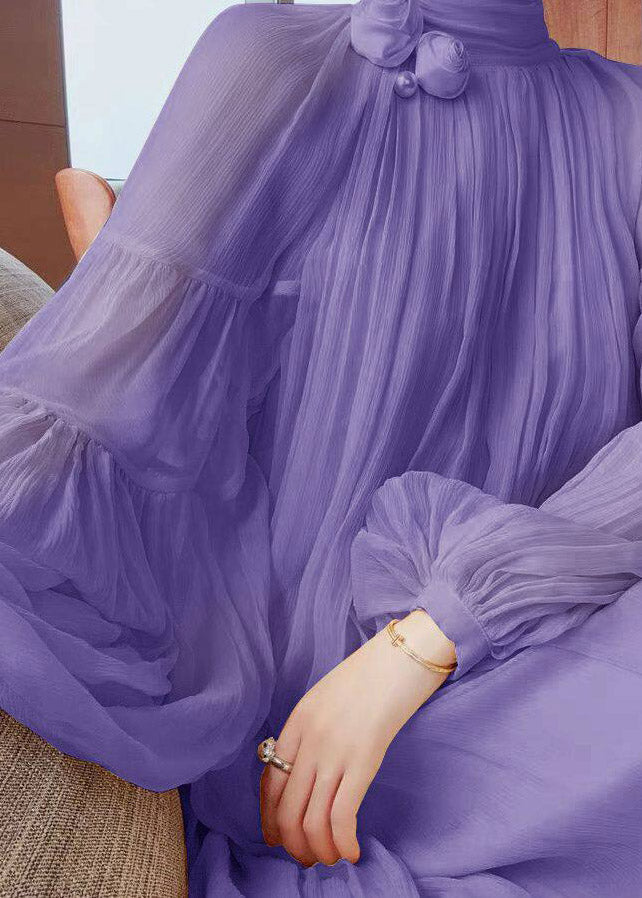 Chiffon Crinkled Mock Neck Lantern Sleeve Pearl Rosette Oversized Maxi Gown