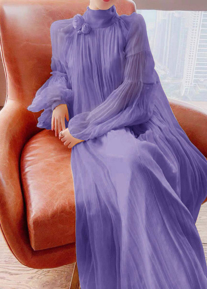 Chiffon Crinkled Mock Neck Lantern Sleeve Pearl Rosette Oversized Maxi Gown