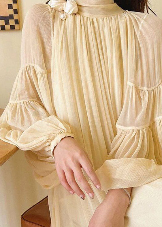 Chiffon Crinkled Mock Neck Lantern Sleeve Pearl Rosette Oversized Maxi Gown