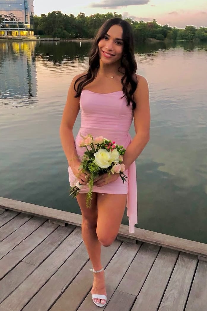 Cute Sheath Strapless Blue Short Homecoming Dress with Ruched