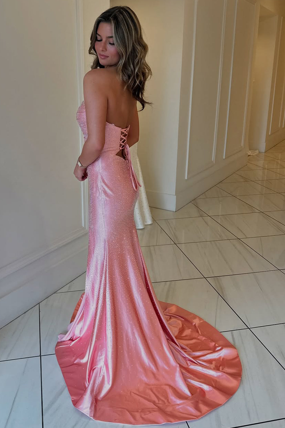 Cute Hot Pink Mermaid Strapless Long Beaded Prom Dress with Slit