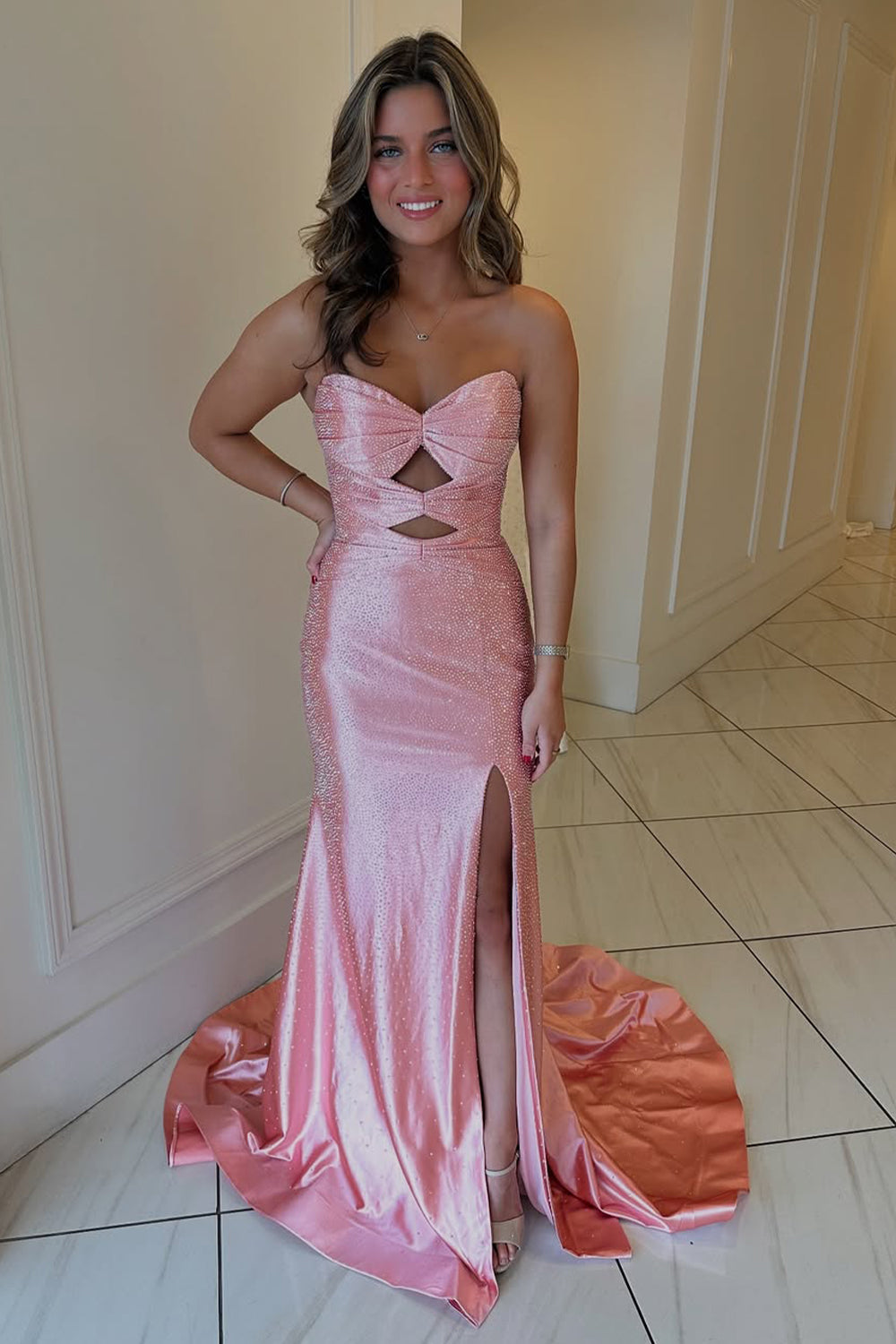 Cute Hot Pink Mermaid Strapless Long Beaded Prom Dress with Slit