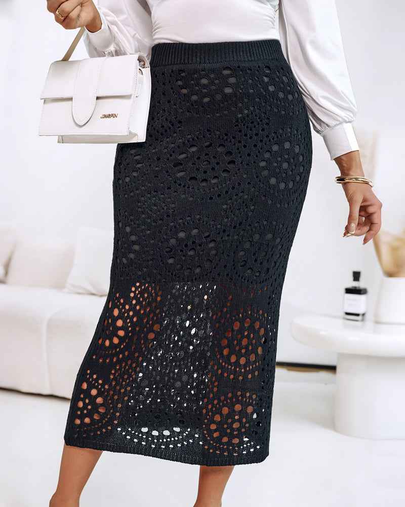Black Midi Skirt Pockets Polyester