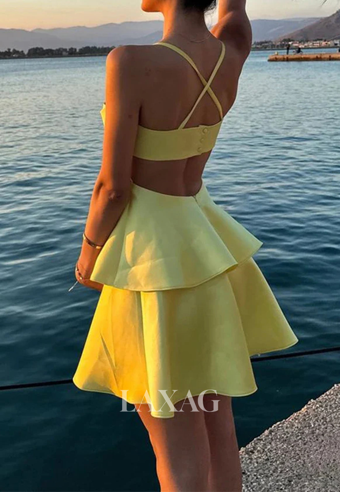 Spaghetti Straps Sweetheart Sleeveless Pleated Satin Tiered A-Line Party Homecoming Dress