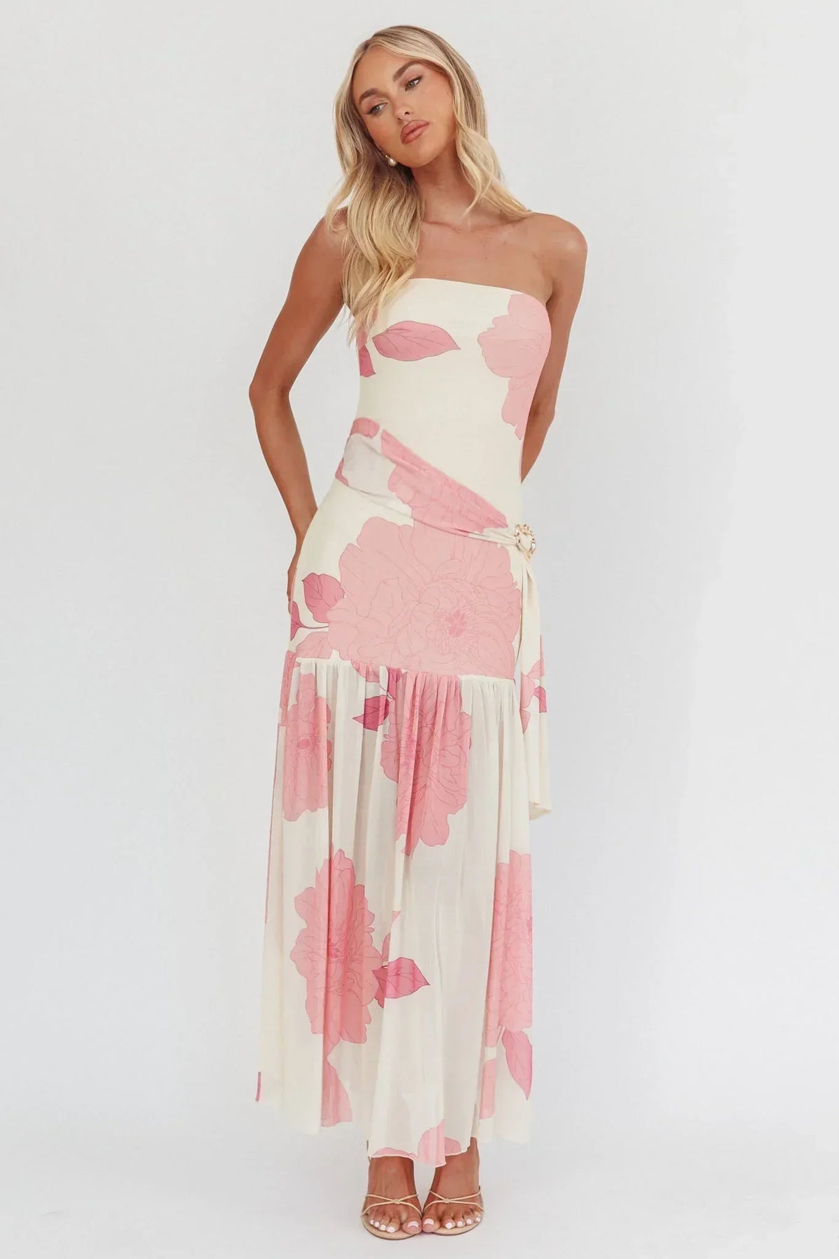 Antonella Strapless Waist Sash Maxi Dress Floral Pink