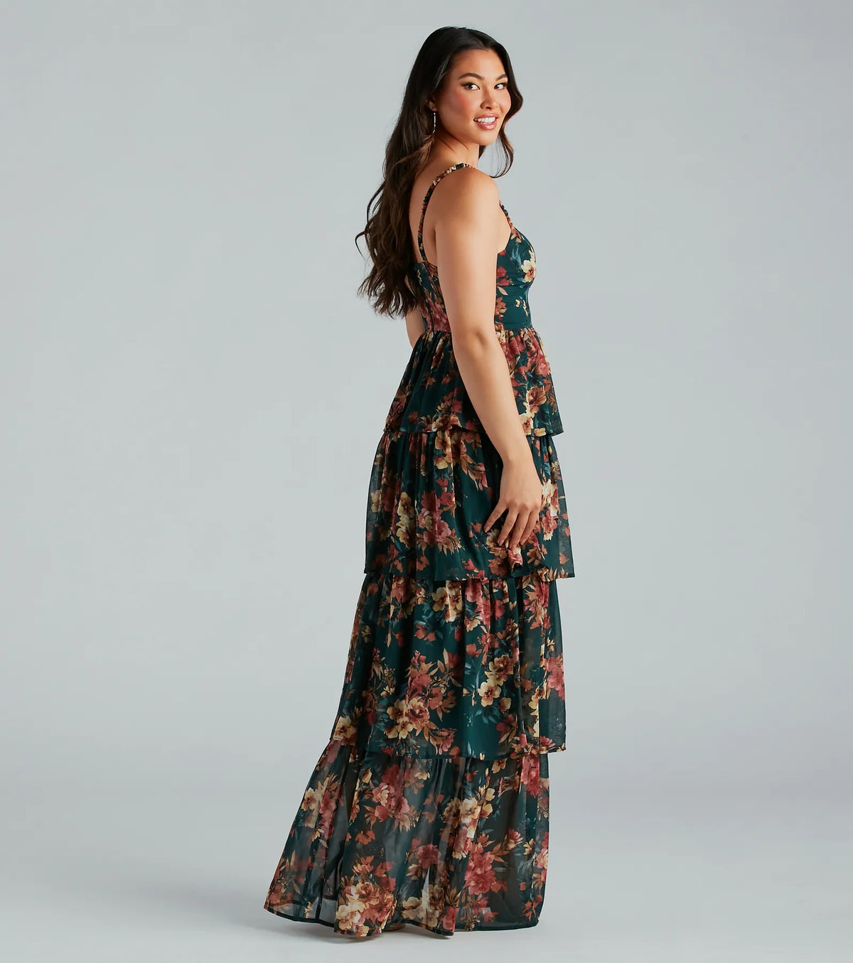Floral Print Chiffon Sweetheart Cami Strap Tiered Ruffle Split Maxi Dress 2