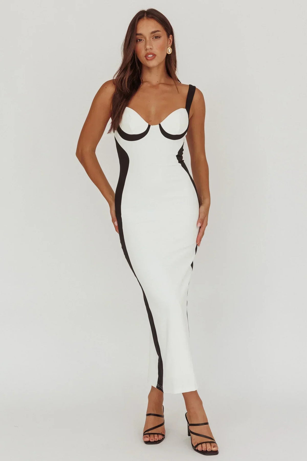 Contrast Piping Sweetheart Bust Wide Strap Bodycon Midi Dress