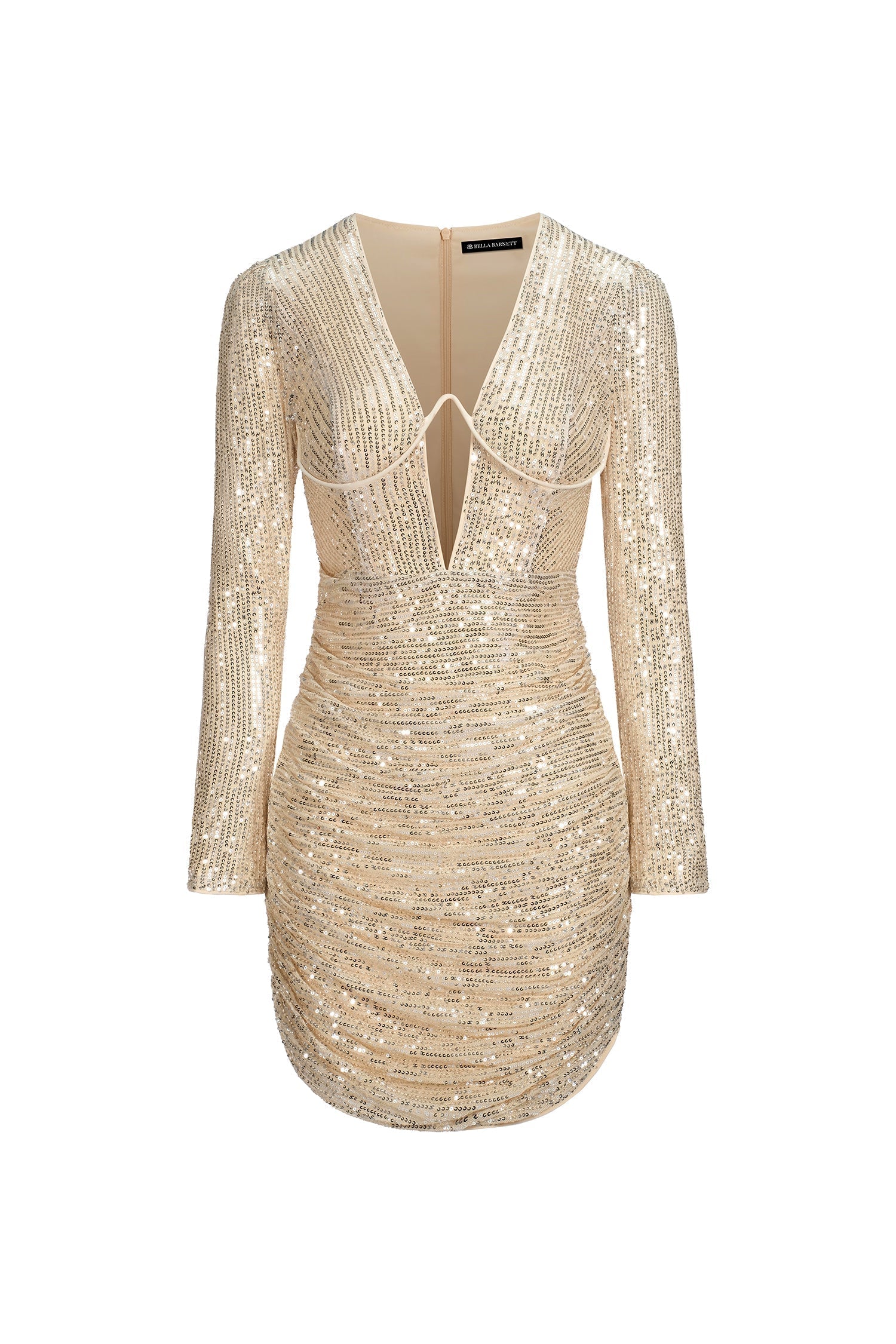 Sequin Deep V-Neck Long Sleeve Ruched Bodycon Mini Dress