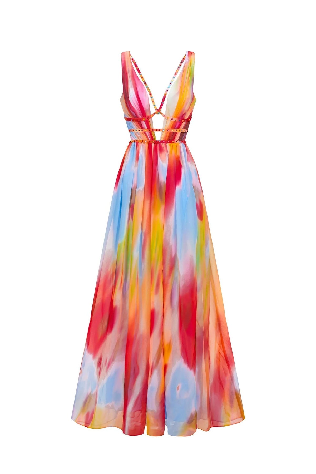 Tie Dye Print Deep V-Neck Cut Out High Split Chiffon Maxi Dress 2