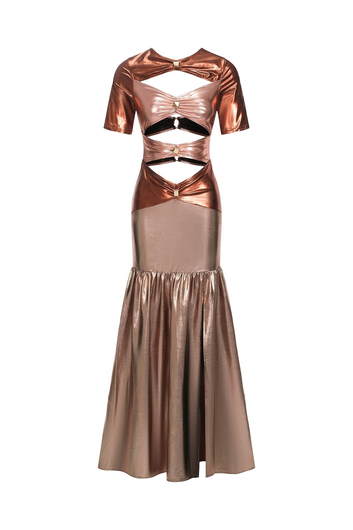 Metallic Short Sleeve Cut Out Front Drop Waist Split Maxi Dress