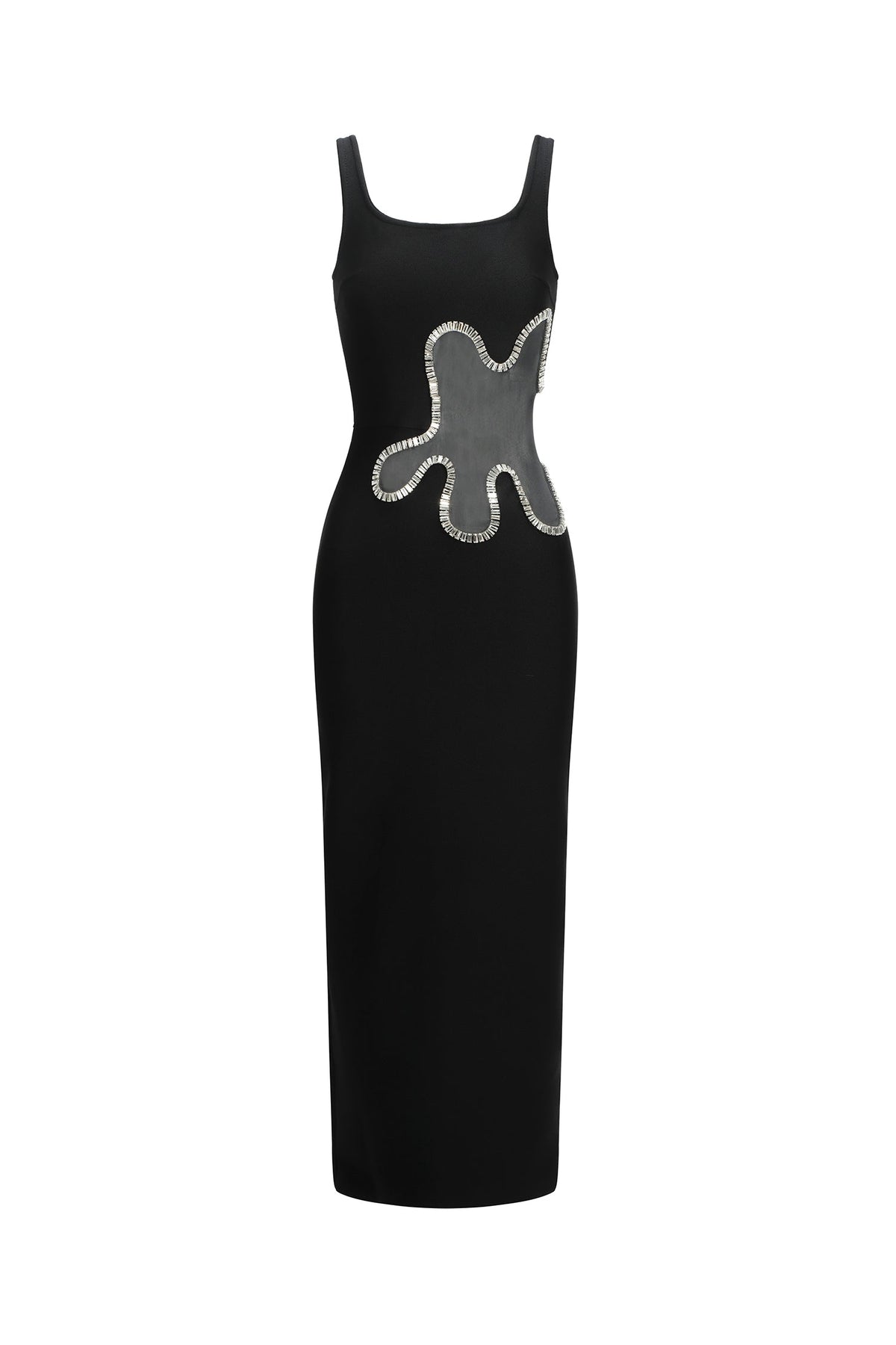Square Neck Sleeveless Rhinestone Trim Mesh Cut Out Bandage Maxi Dress