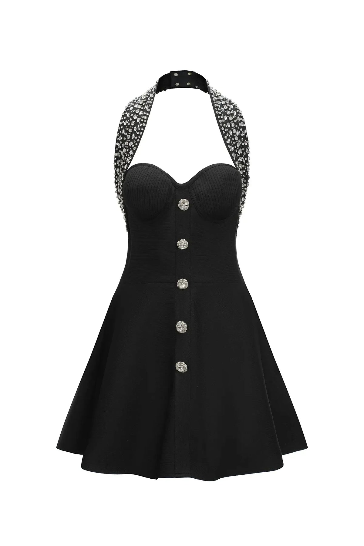Rhinestone Strap Halter Sweetheart Button Front Skater Mini Dress 2