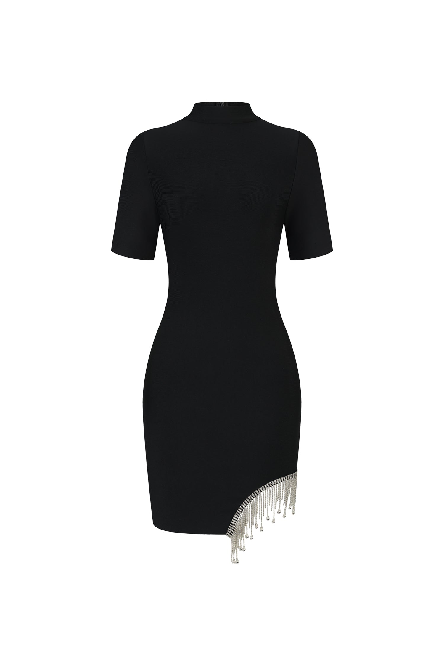 Mock Neck Short Sleeve Rhinestone Fringe Asymmetrical Hem Bandage Mini Dress
