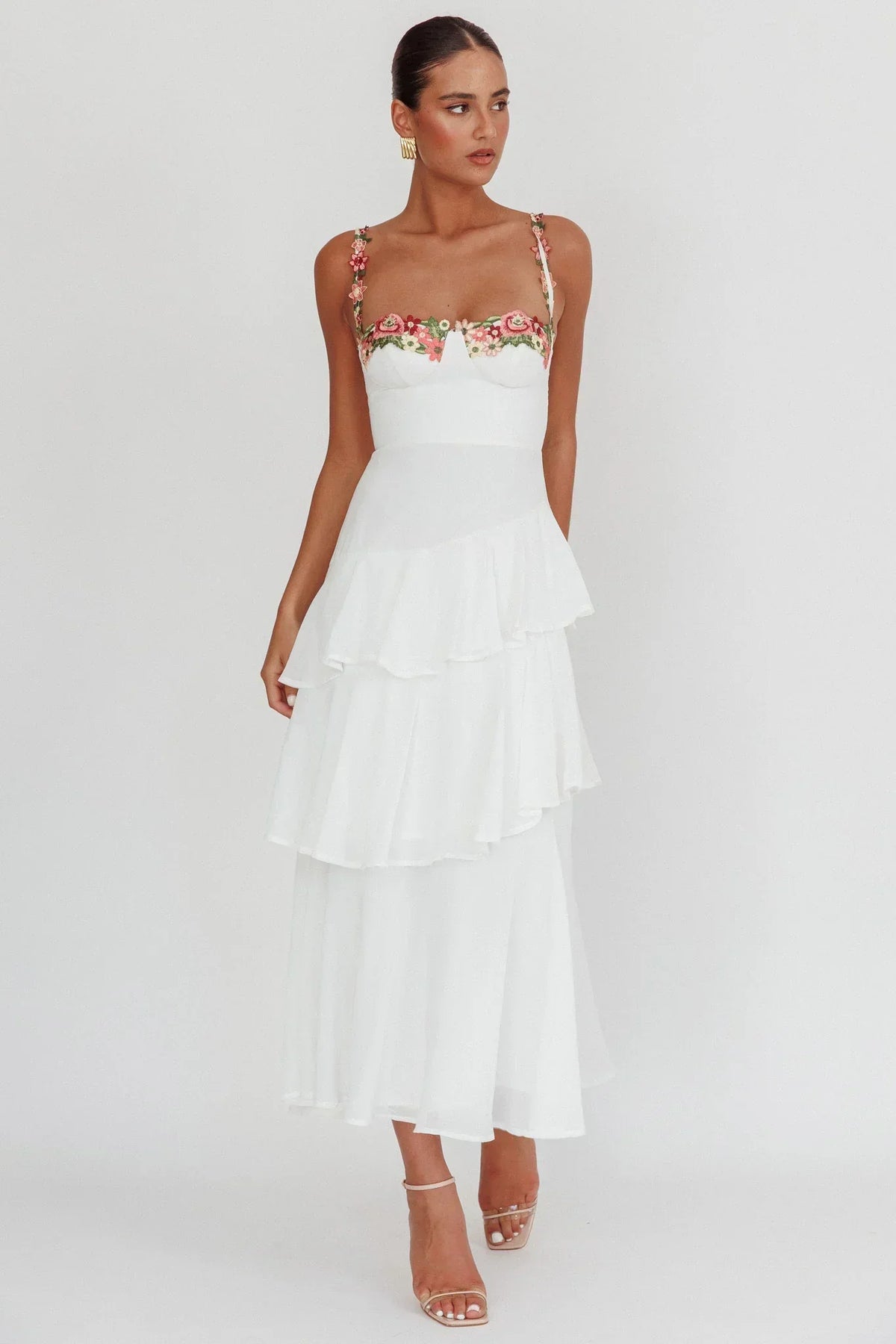 Floral Embroidered Trim Bustier Tiered Ruffle Maxi Dress 3