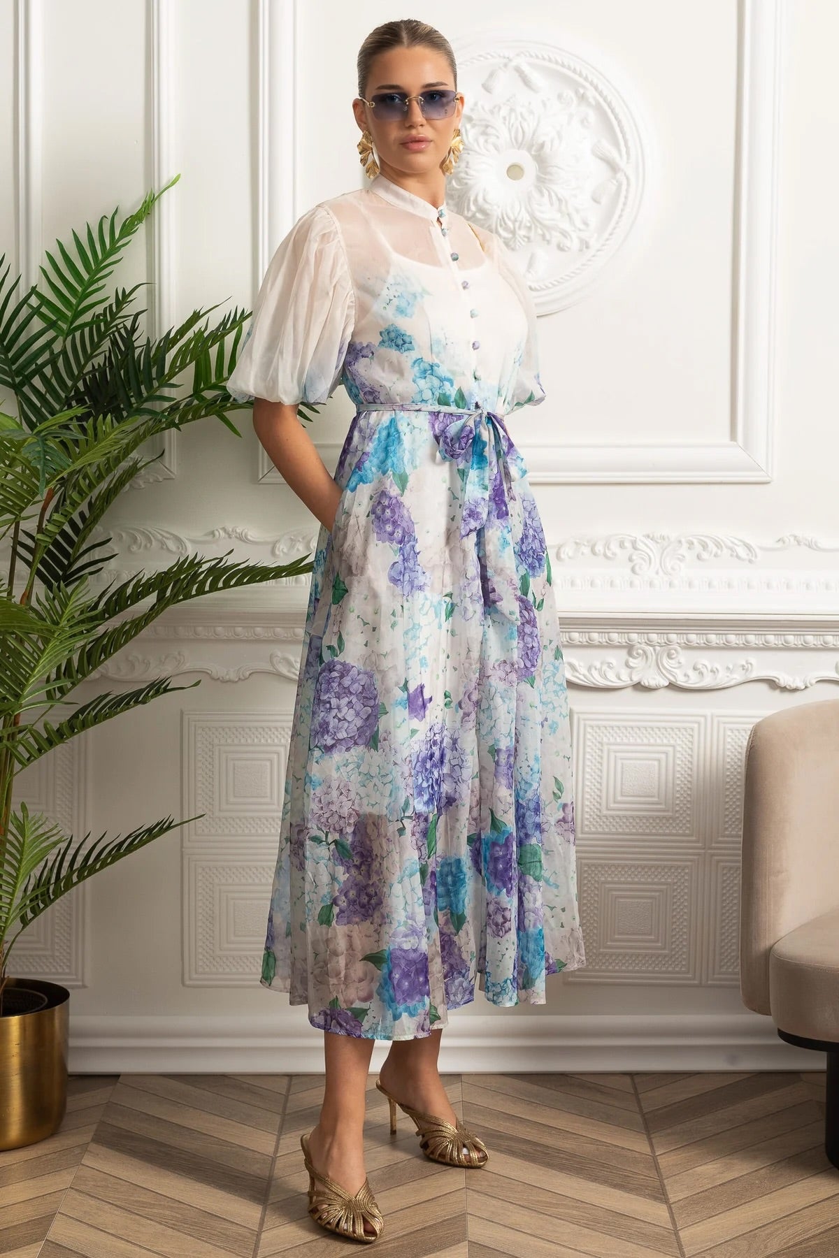 Sheer Organza Midi Shirt Dress Mandarin Collar Puff Sleeve Tie Belt - View 3