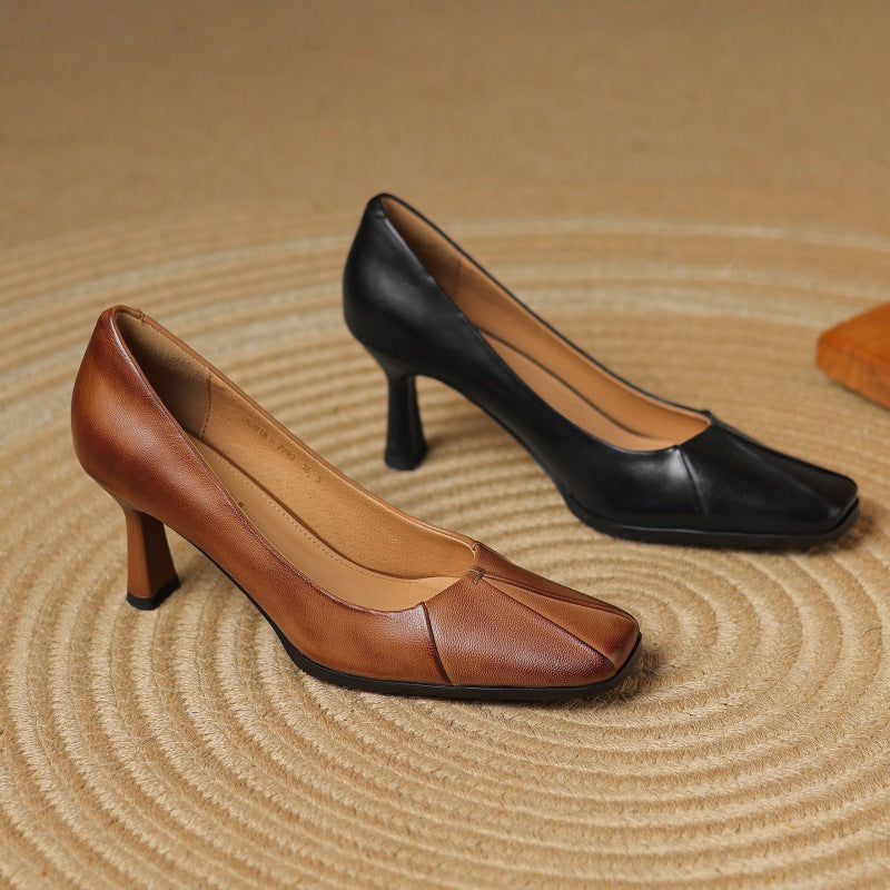 Square Toe Ruched Kitten Heel Pumps