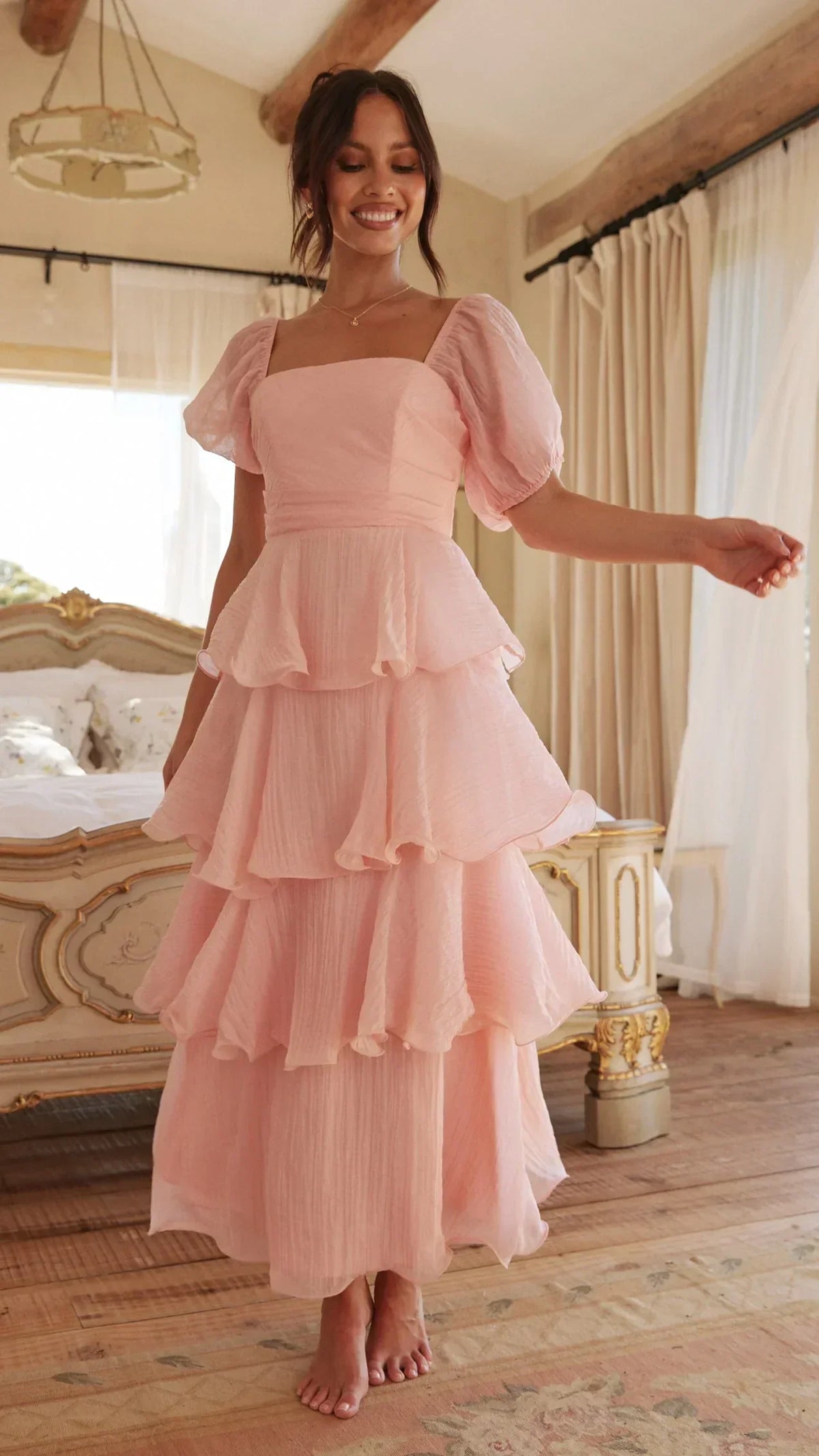 Square Neck Puff Sleeve Tiered Ruffle Maxi Dress 6