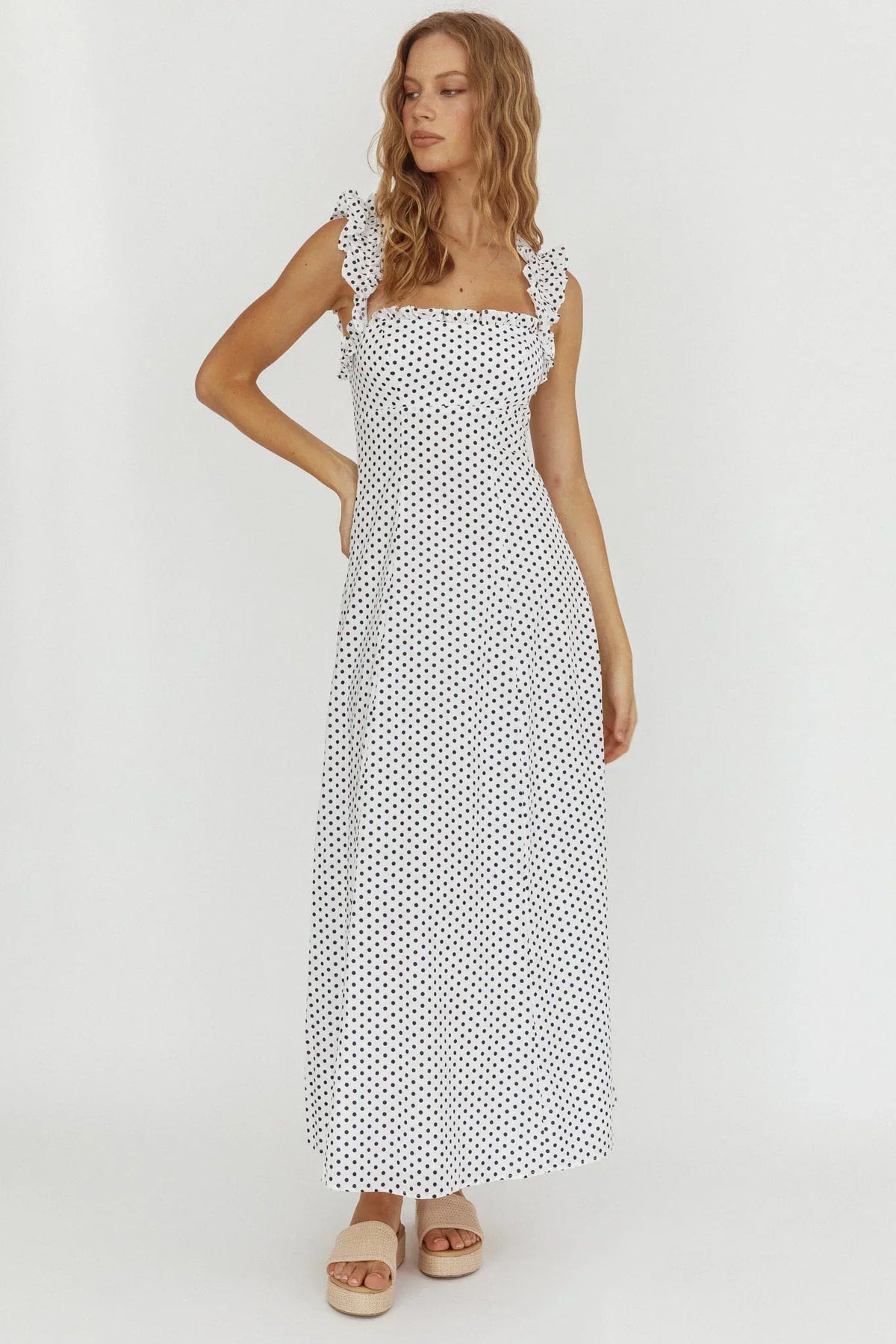 Polka Dot Square Neck Frill Strap Fit and Flare Maxi Dress 4