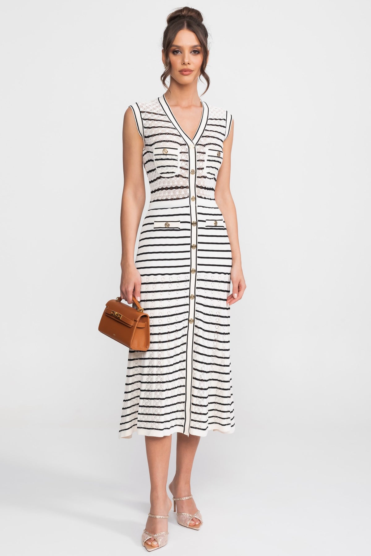Striped Knit V-Neck Sleeveless Button Front Pocket Midi Dress 2