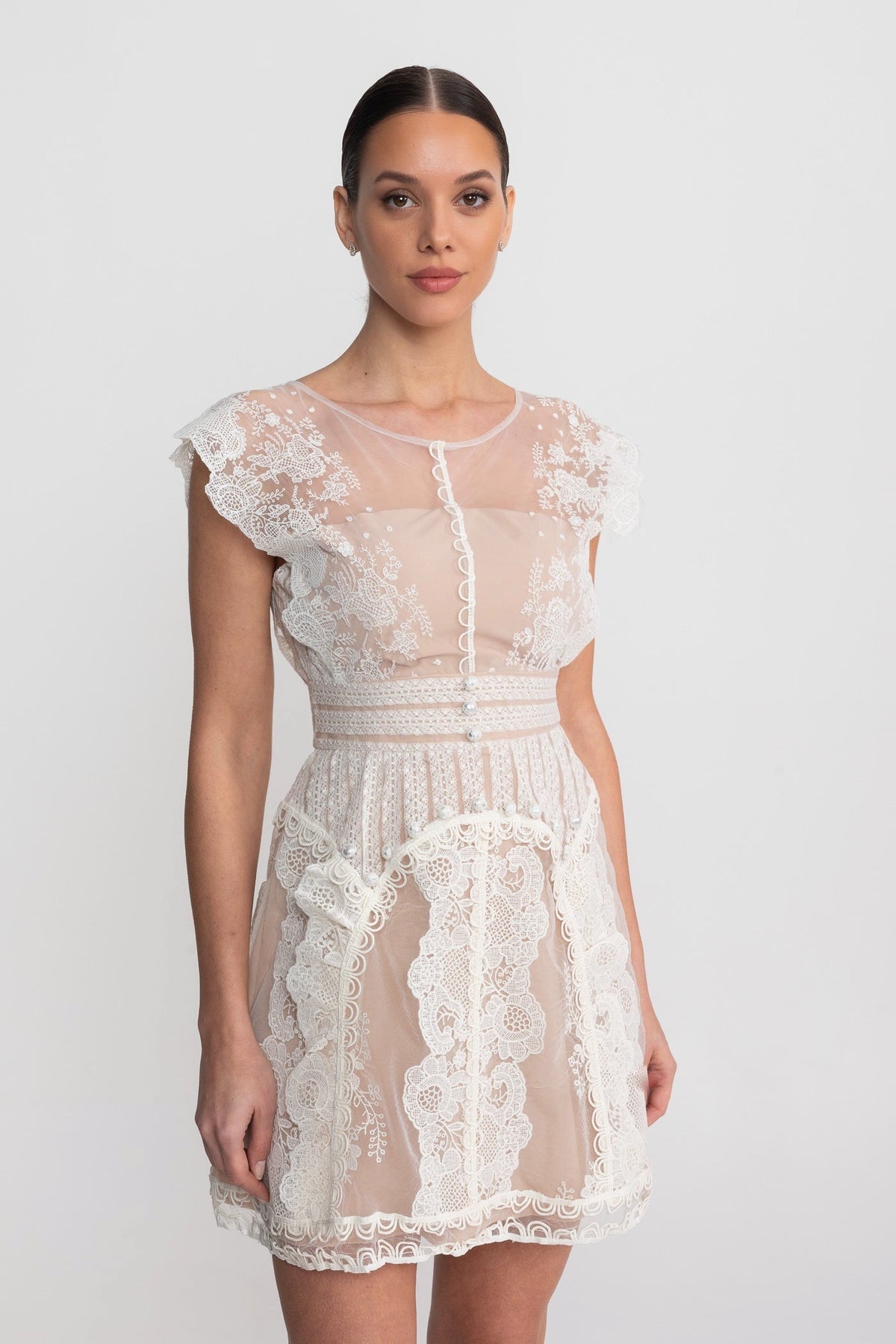 Lace Sheer Mesh Yoke Cap Sleeve Pearl Button A-Line Mini Dress - View 4