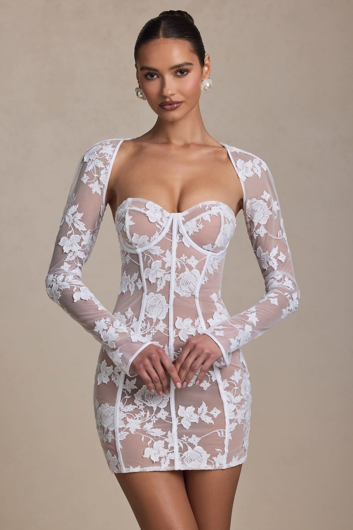 Floral Embroidered Sheer Mesh Bolero Sleeve Corset Bodycon Mini Dress 8