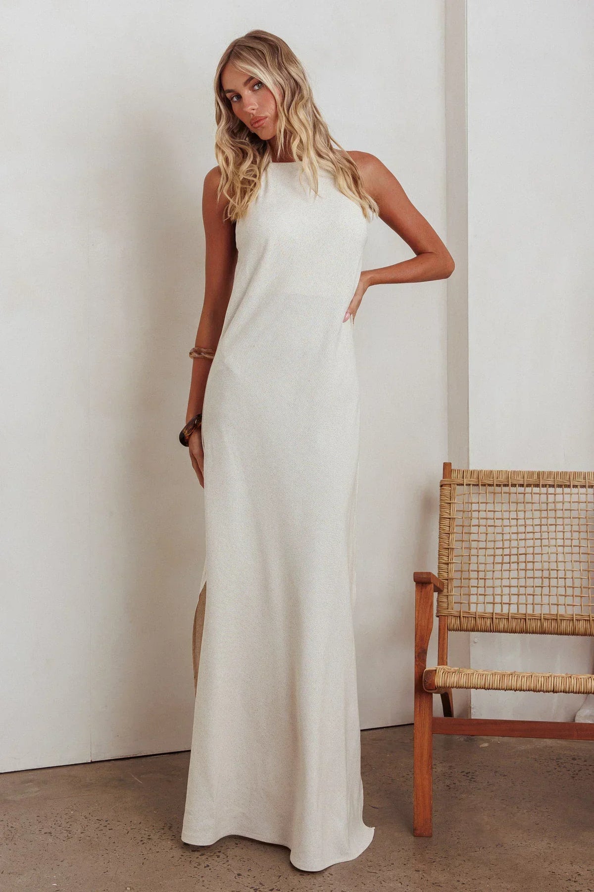 Gracie Halter Tied Back Maxi Dress Oatmeal