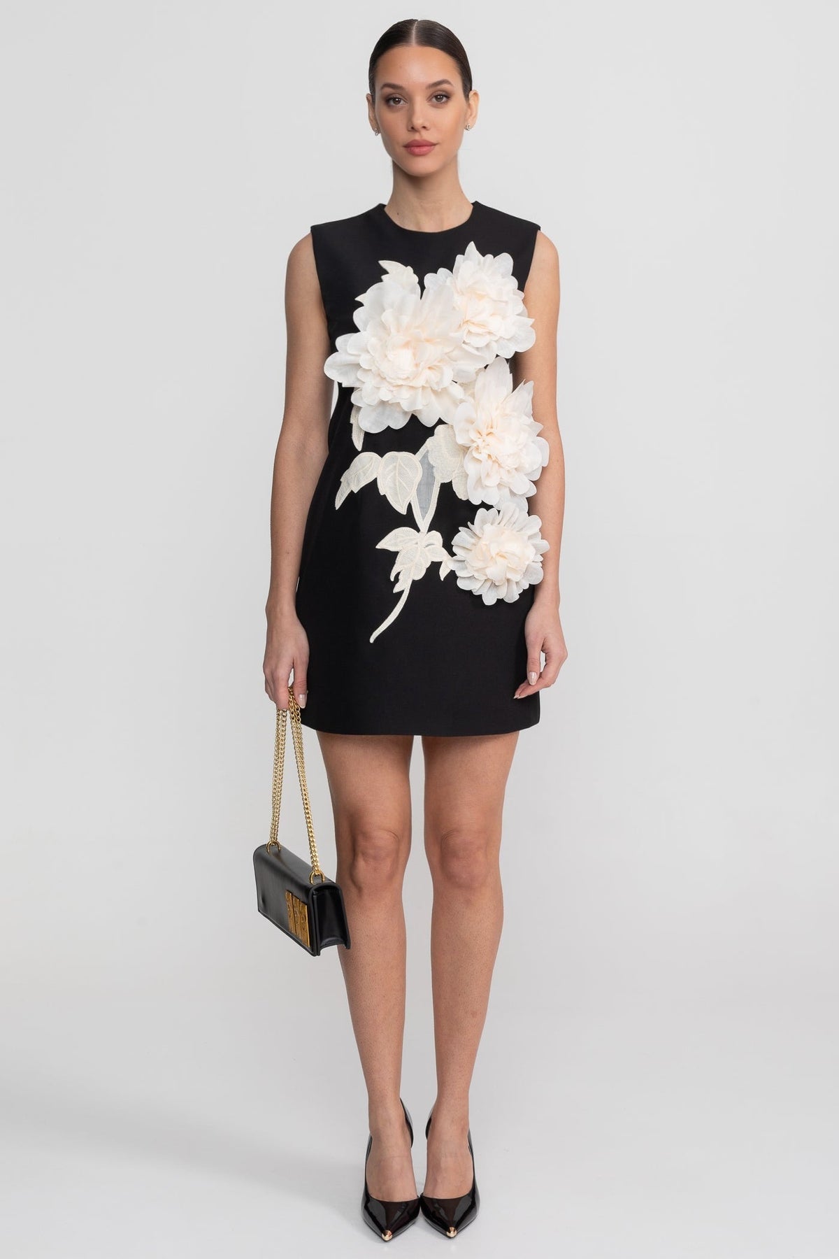 Sleeveless Crew Neck 3D Floral Applique Shift Mini Dress 3