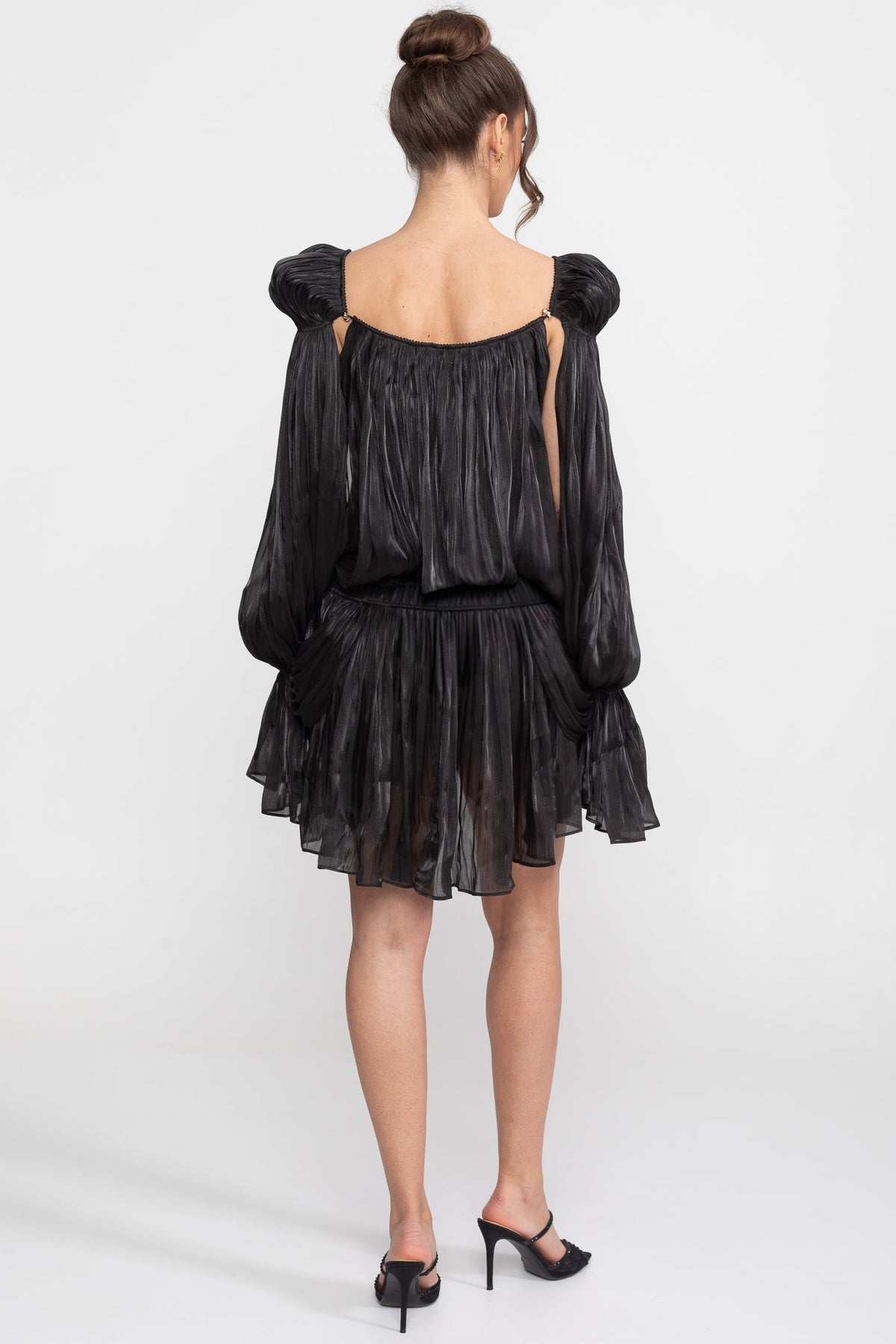 Pleated Puff Sleeve Ruffle Tier Cape Back Mini Dress - View 6