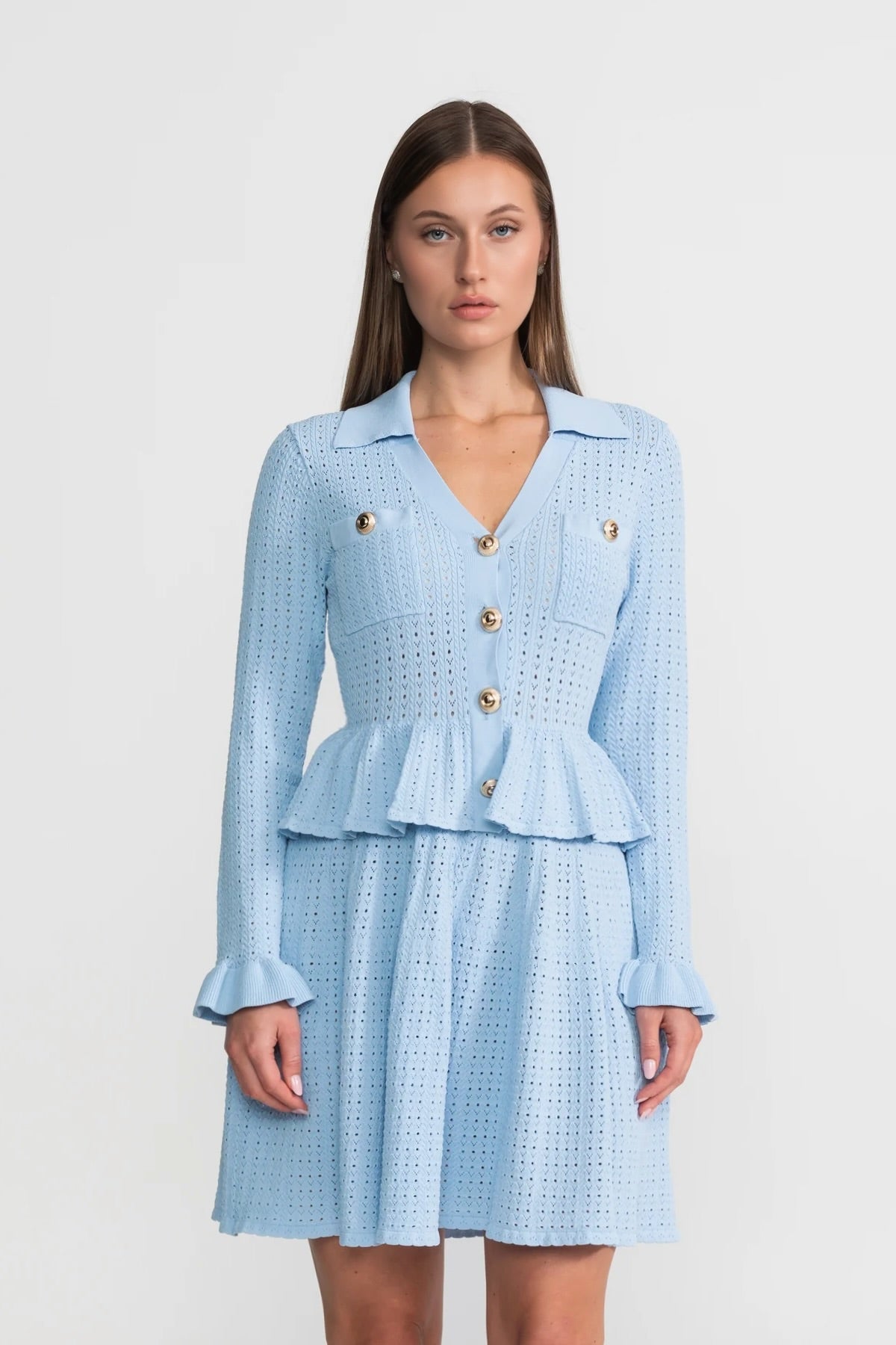 Knit Mini Dress with Peplum Waist and Gold Button Detail - Light Blue