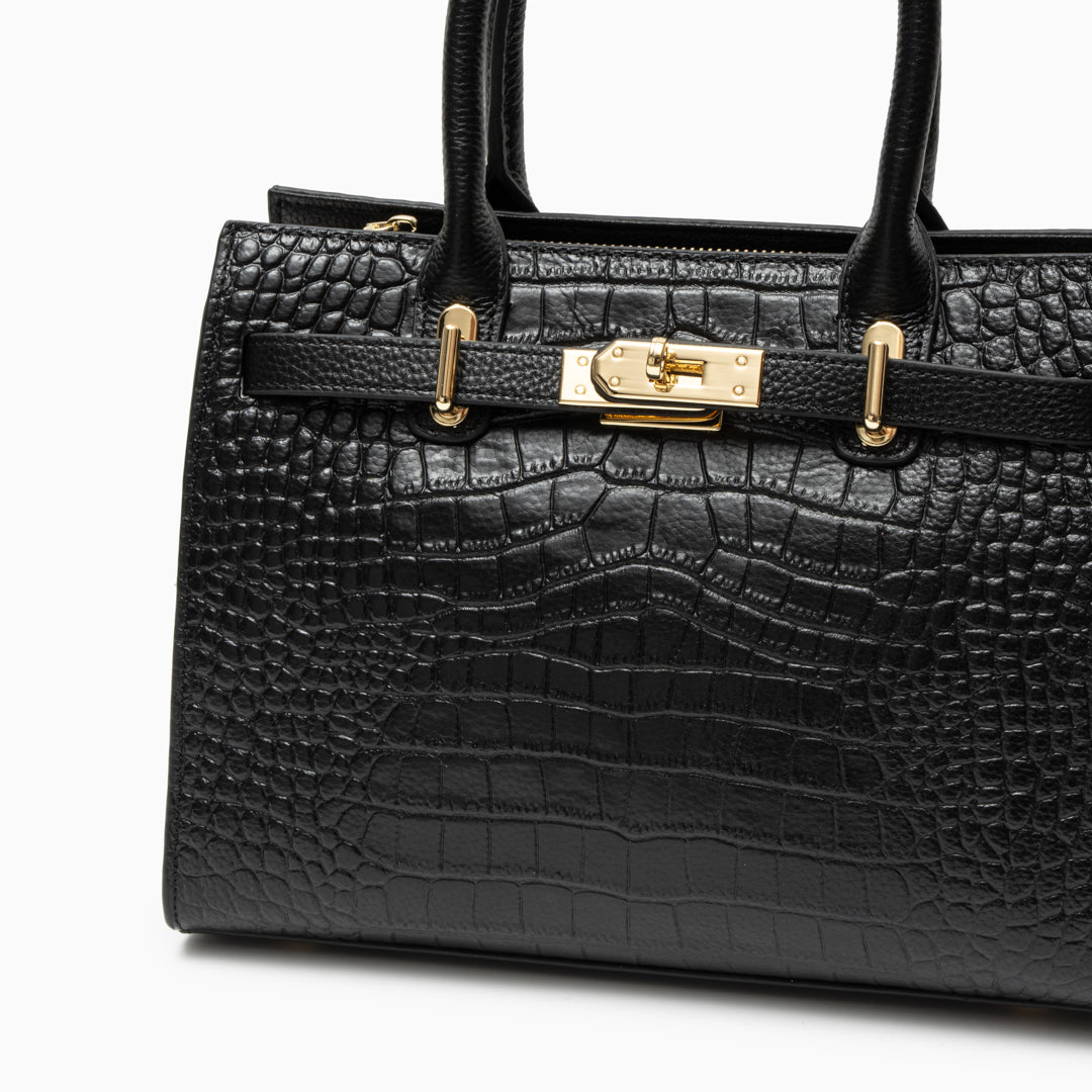 Croc Embossed Top Handle Turn Lock Structured Tote Bag