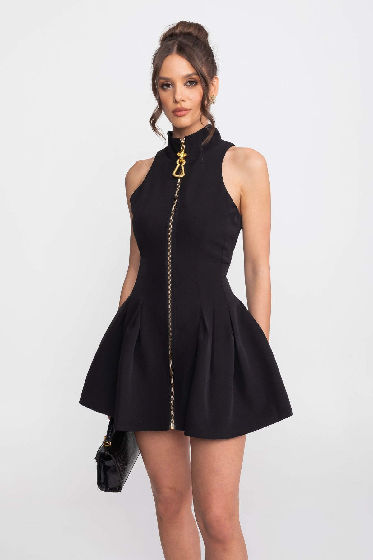 Sleeveless Mock Neck Zip Front Pleated A-Line Mini Dress - View 3
