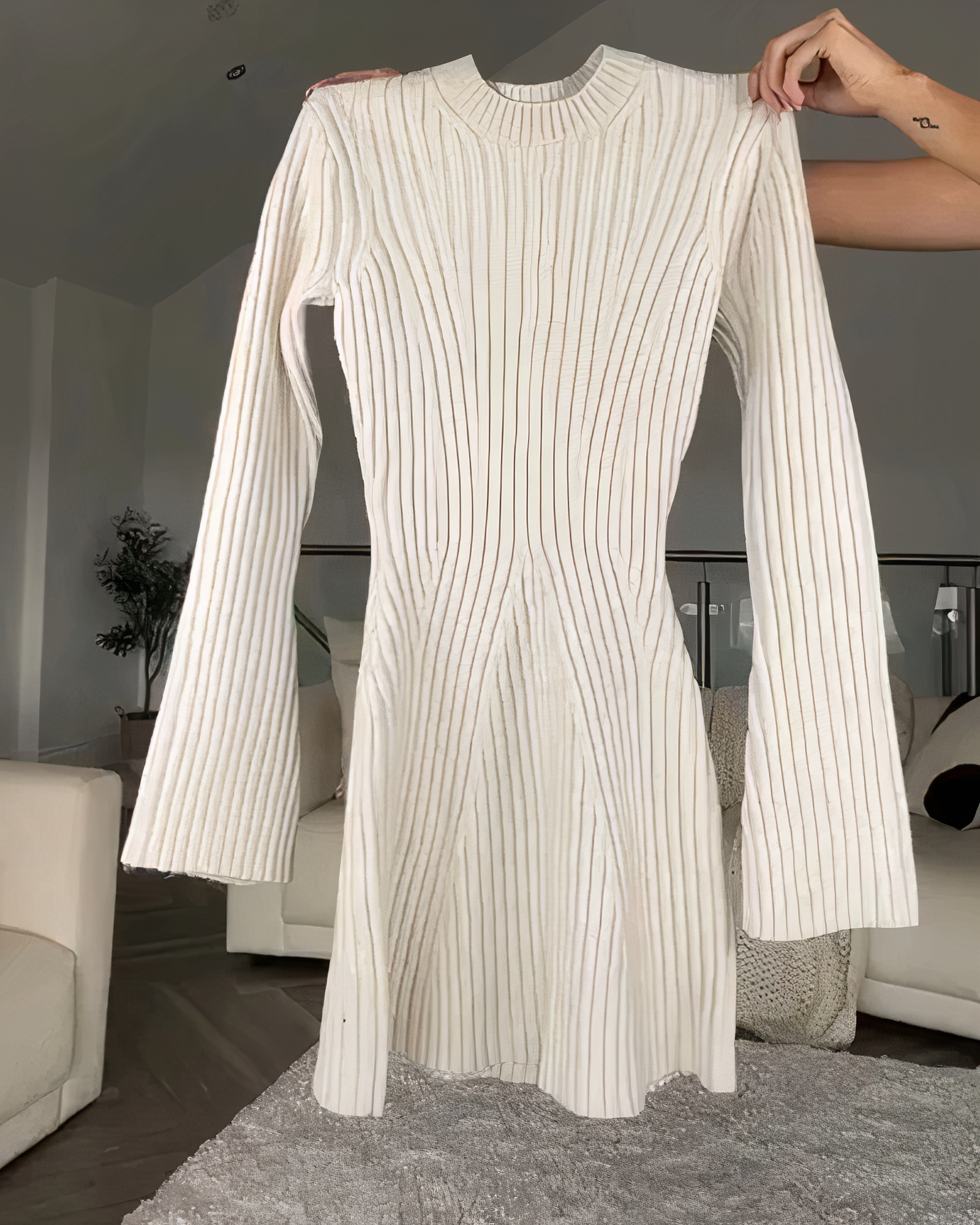 Ribbed Knit High Neck Long Sleeve Bodycon Mini Dress