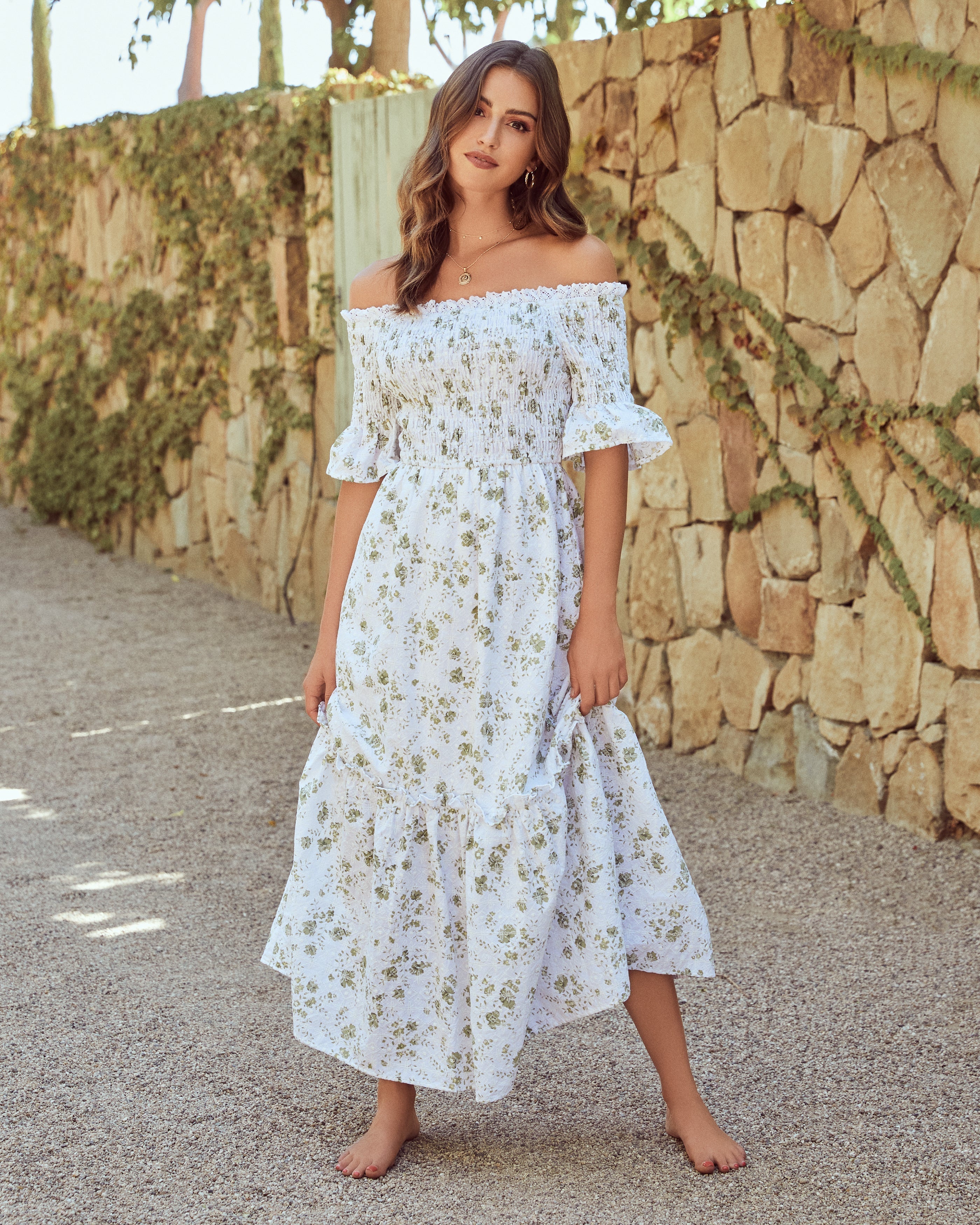 Dasha Cotton Floral Off The Shoulder Maxi Dress - Sage - FINAL SALE