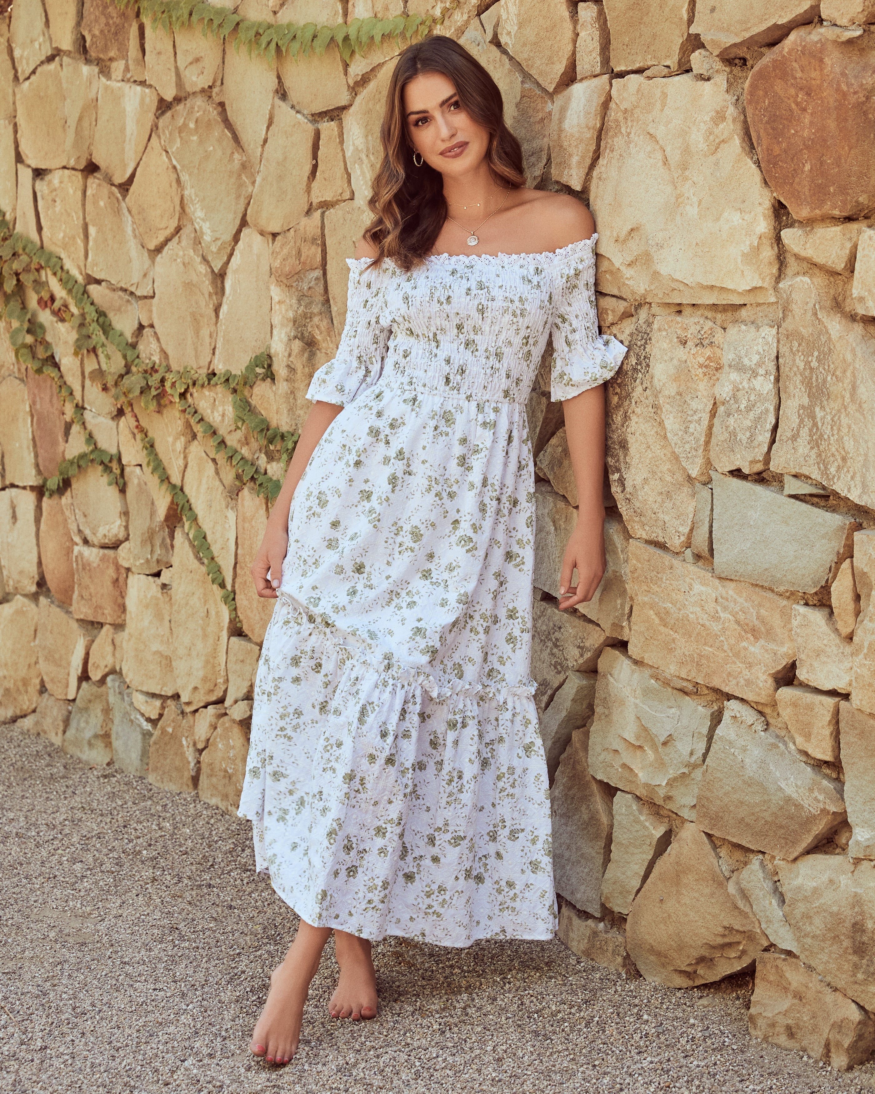 Dasha Cotton Floral Off The Shoulder Maxi Dress - Sage - FINAL SALE