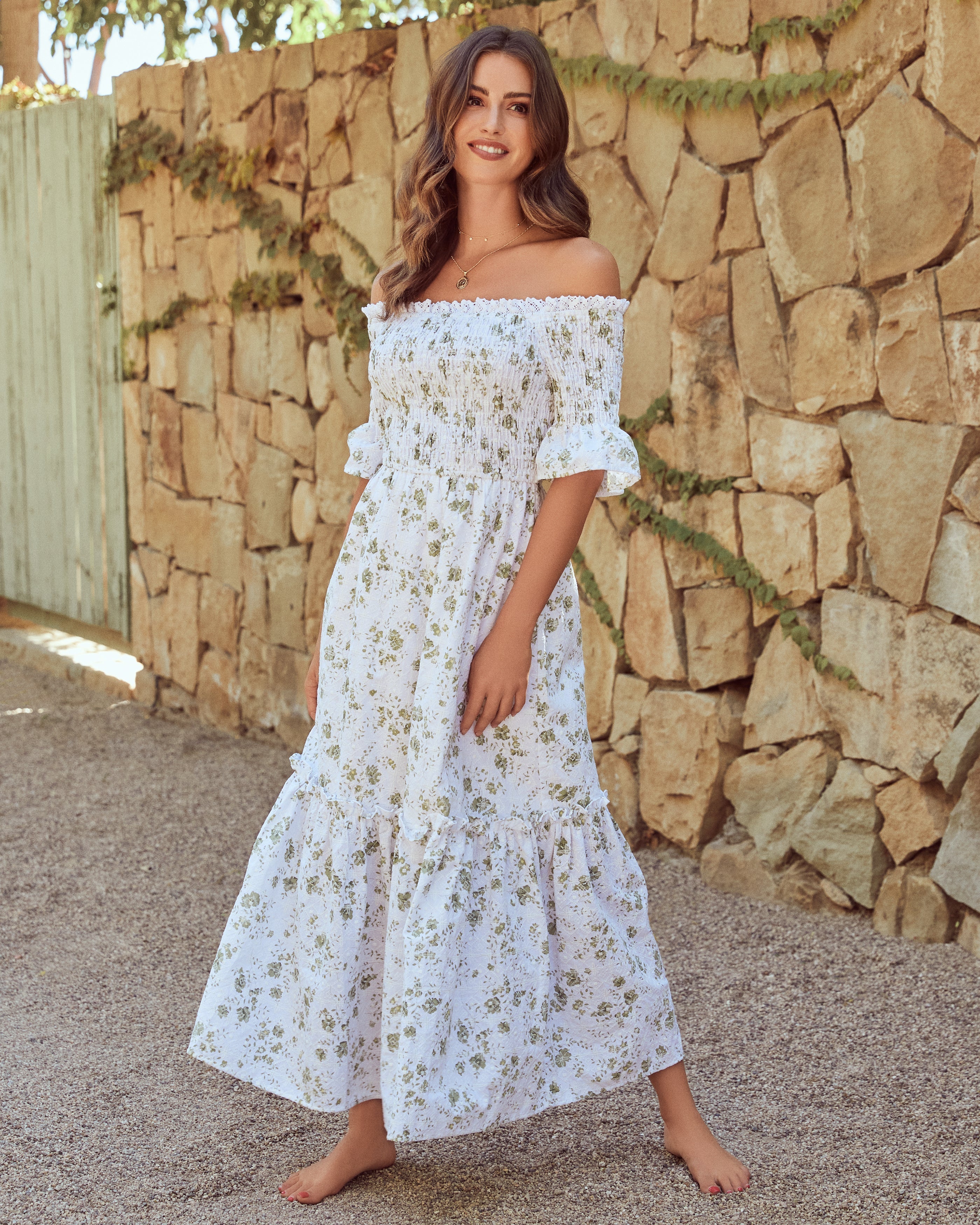 Dasha Cotton Floral Off The Shoulder Maxi Dress - Sage - FINAL SALE