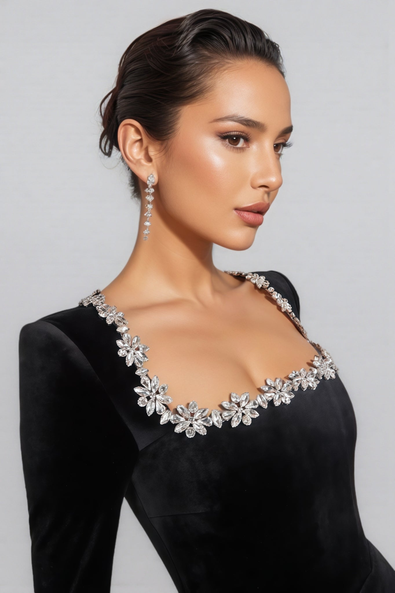 Velvet Square Neck Rhinestone Embellished Long Sleeve Structured Shoulder A-Line Mini Dress