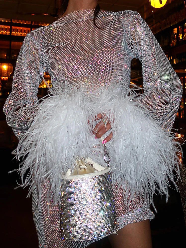 Mila Metallic Sheer Cuff Feather Mini Dress - View 2