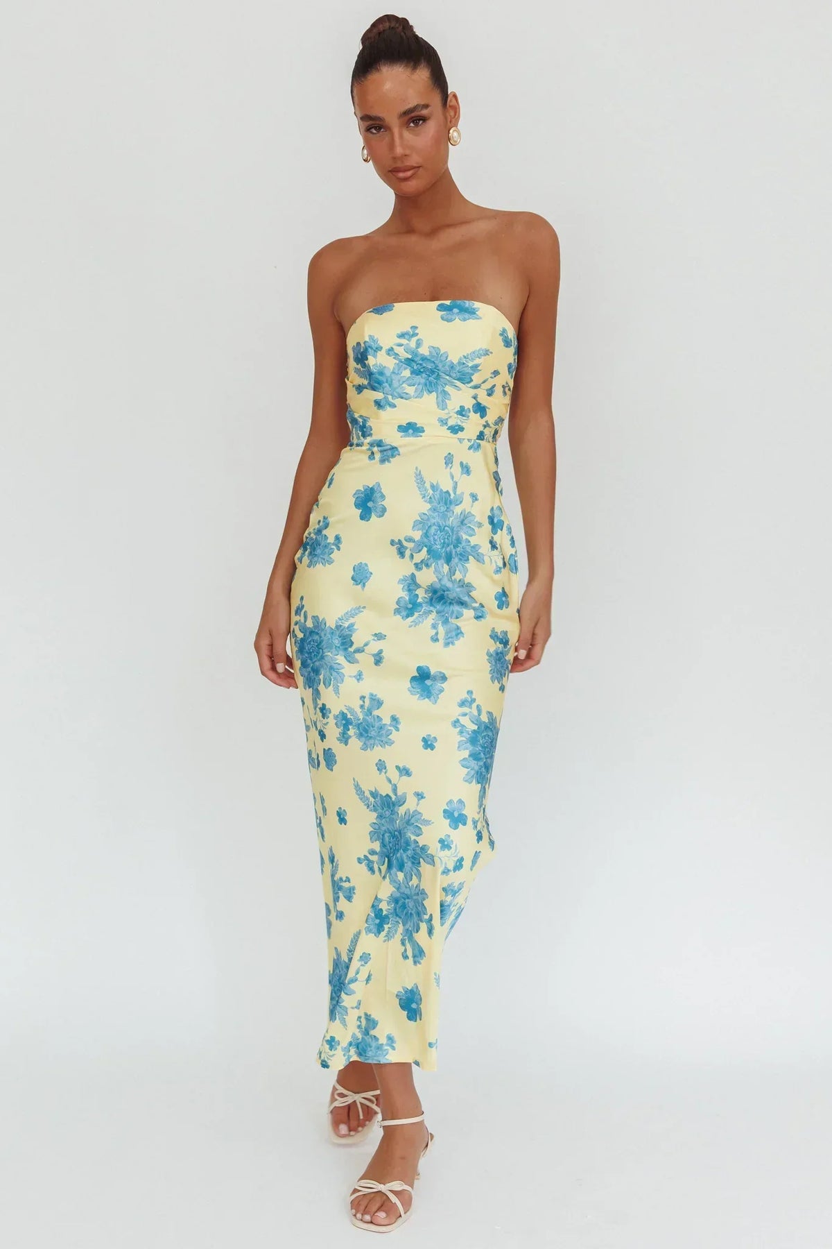 Floral Print Satin Strapless Ruched Bust Bodycon Maxi Dress
