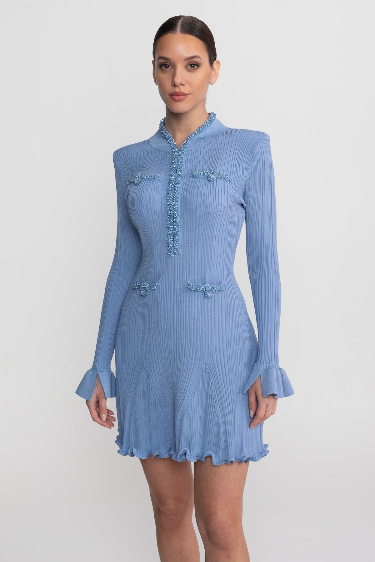 Ribbed Knit Beaded Trim Long Sleeve Flared Cuff Ruffle Hem Mini Dress 3