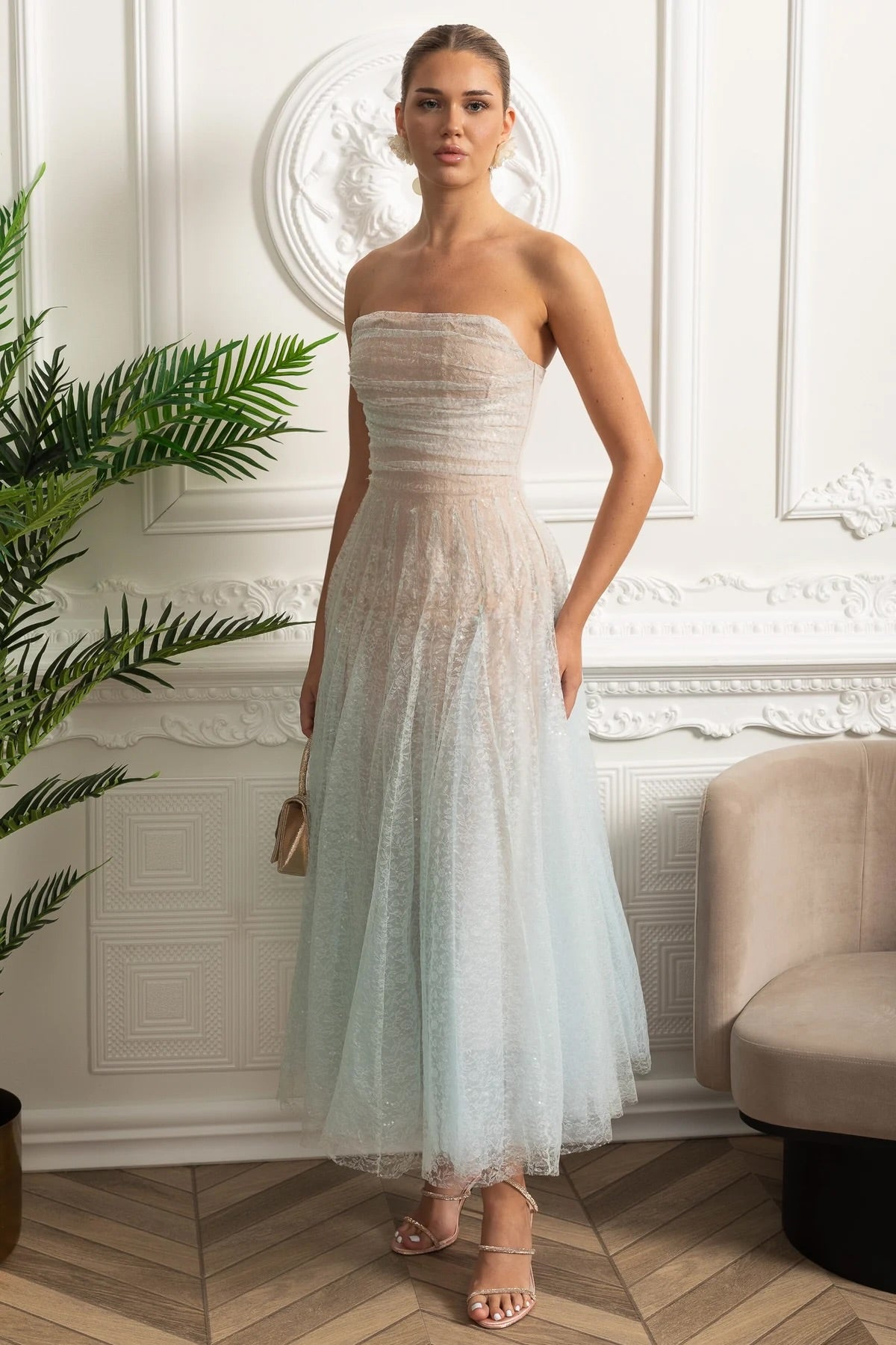 Strapless Ombre Lace Tulle A-Line Midi Dress 4