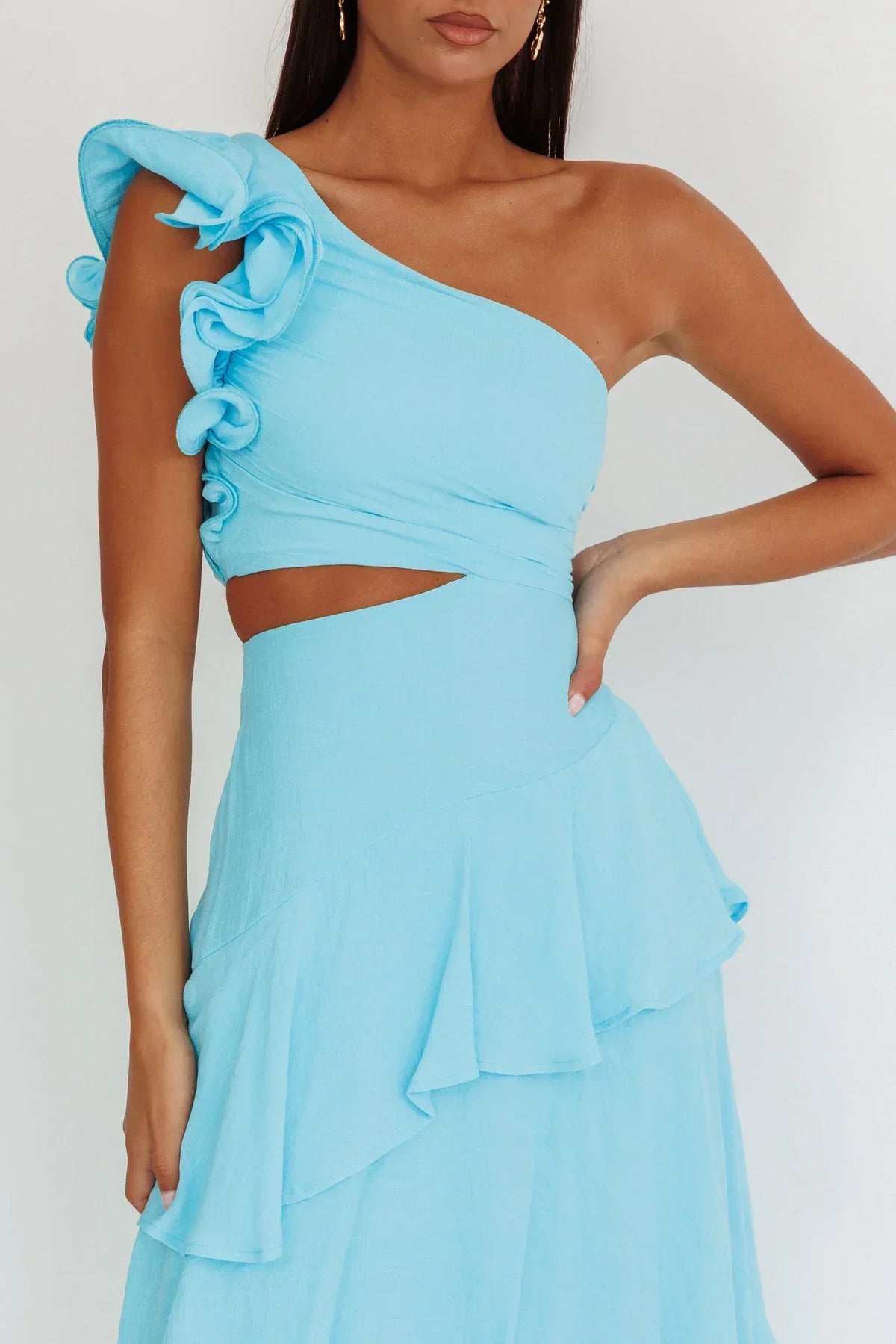 Deanna One-Shoulder Tiered Maxi Dress Blue