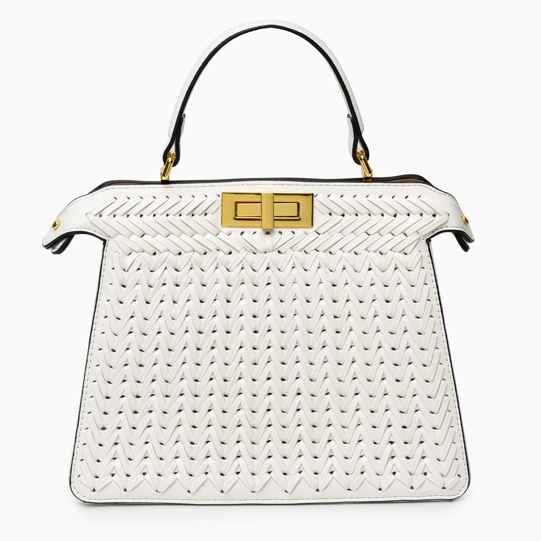 Woven Turn Lock Top Handle Structured Satchel Bag