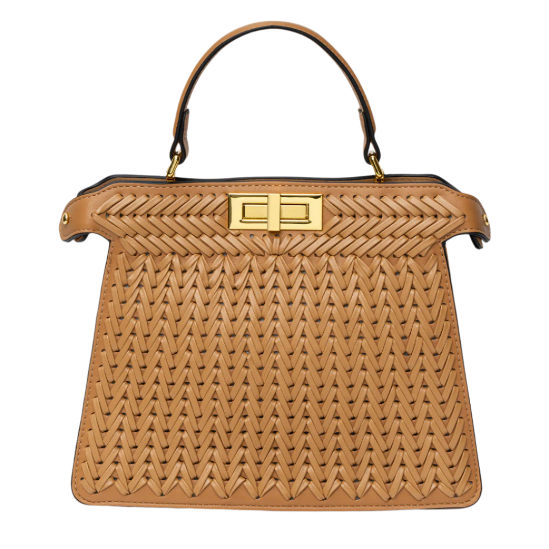 Woven Turn Lock Top Handle Structured Satchel Bag